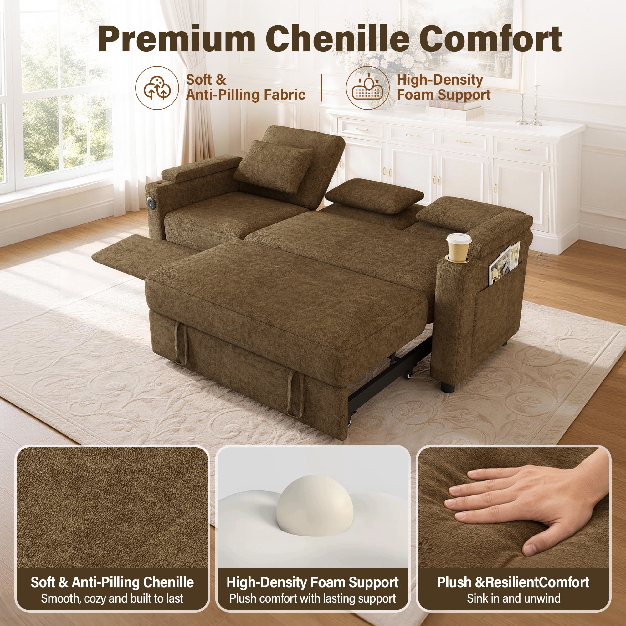 Aukfa 81" Convertible Sleeper Sofa,Chenille 3-in-1 Sofa Bed with Recliner,Center Table,USB Ports & Storage Armrests,Khaki