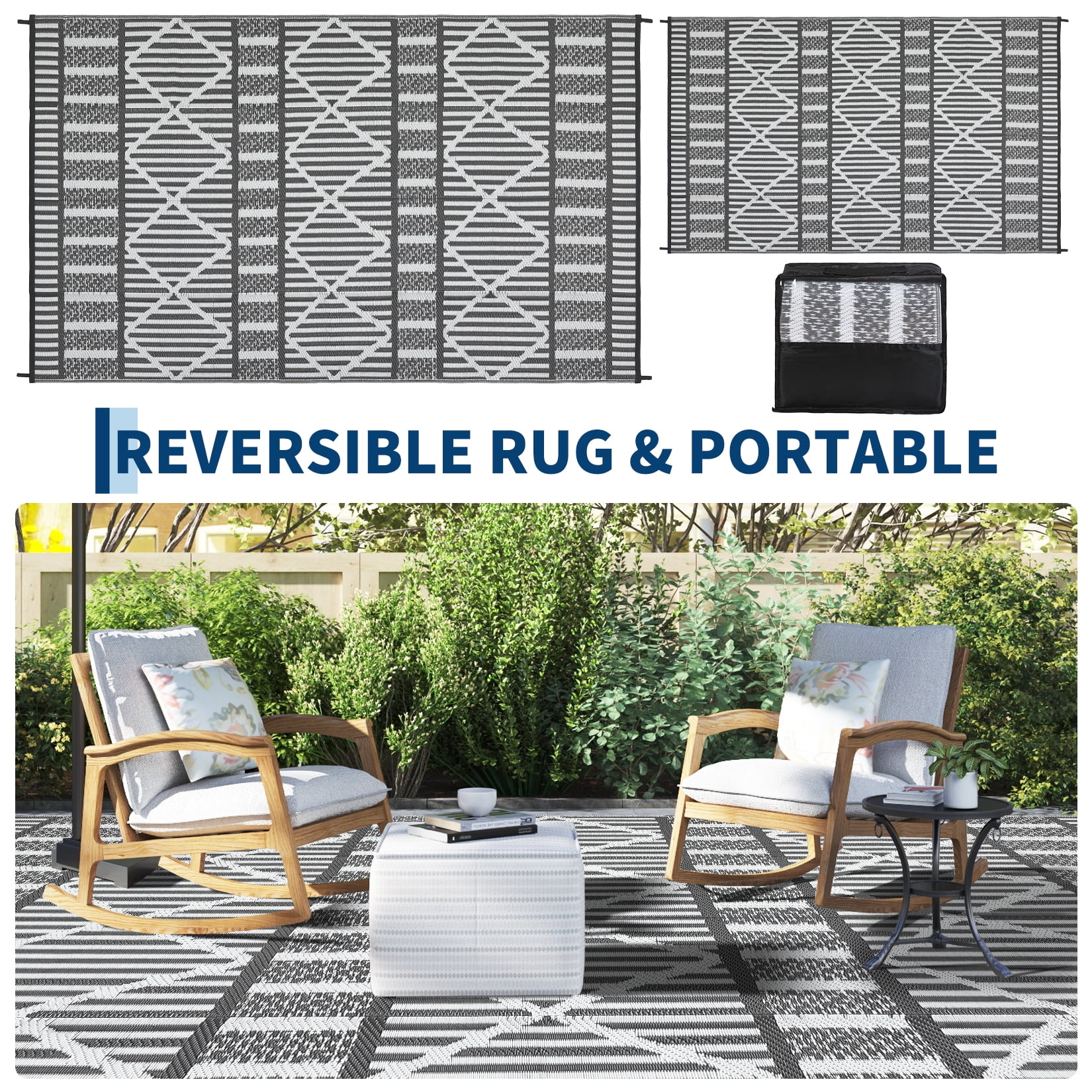 Garvee 8'x10' Outdoor Rug Waterproof Outdoor Patio Rug Mat, Reverisble Plastic Straw Outdoor Rug for RV Camping Picnic Beach Balcony, Gray and White