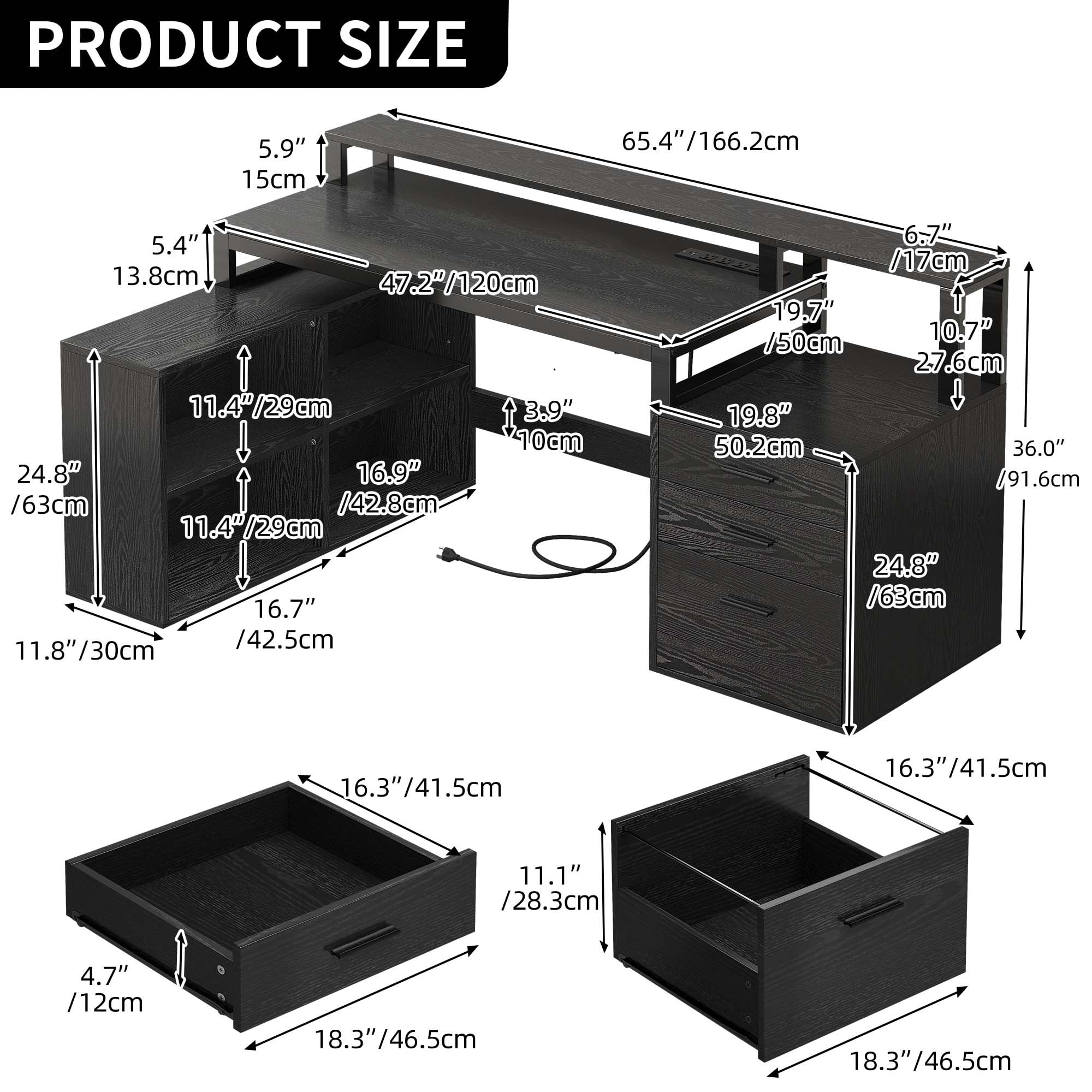 65" L Shaped Desk with Power Outlets and Monitor Stand , Computer Desk with LED Light &File Cabinet, Corner Desk with 3 Drawers & 4 Open Storage Shelves, White Modern Home Office Desk, Black