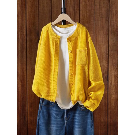 Women's Basic Button Down Knit Cardigan Long Sleeve Crew Neck Sweater Top with Front Pockets Casual Everyday Layering Outfit