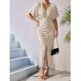 thumbnail image 4 of Womens Metallic Faux Wrap Cocktail Dress Solid Color V-Neck Pleated High Slit Short Sleeve Midi Dress M, 4 of 9