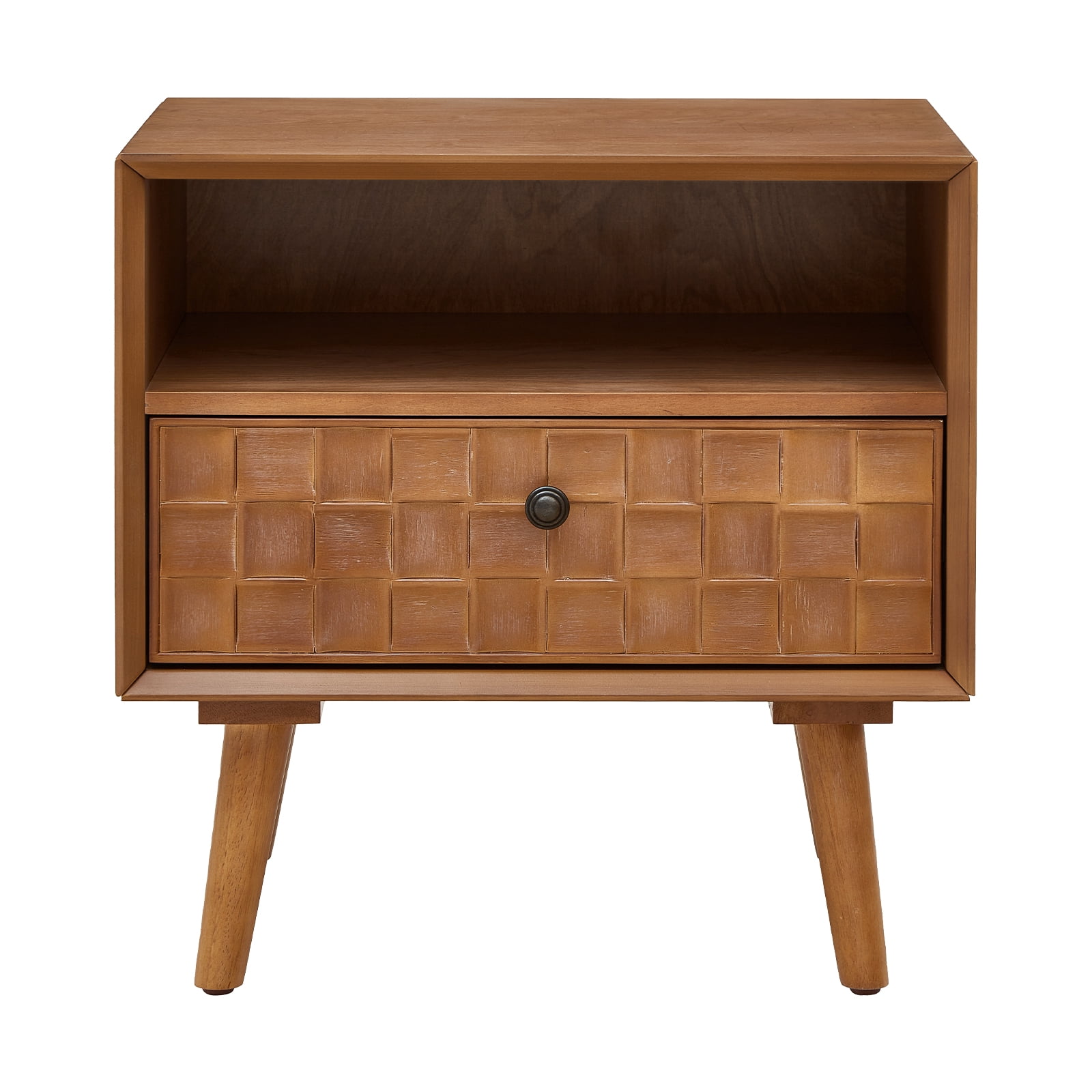 22-Inch Mid-Century Nightstand with Carved Geometric Drawer and Open Shelf, Wood Bedside Table and End Table for Small Spaces, Golden Oak