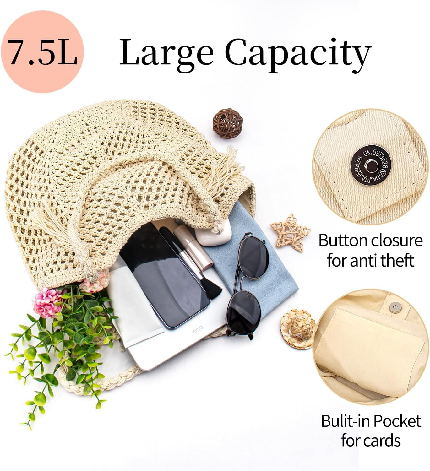 Crochet Beach Tote Bag For Women 2025 Bohemian Shoulder Bag Purse With Leak-Proof Lining for Summer Vacation Travel