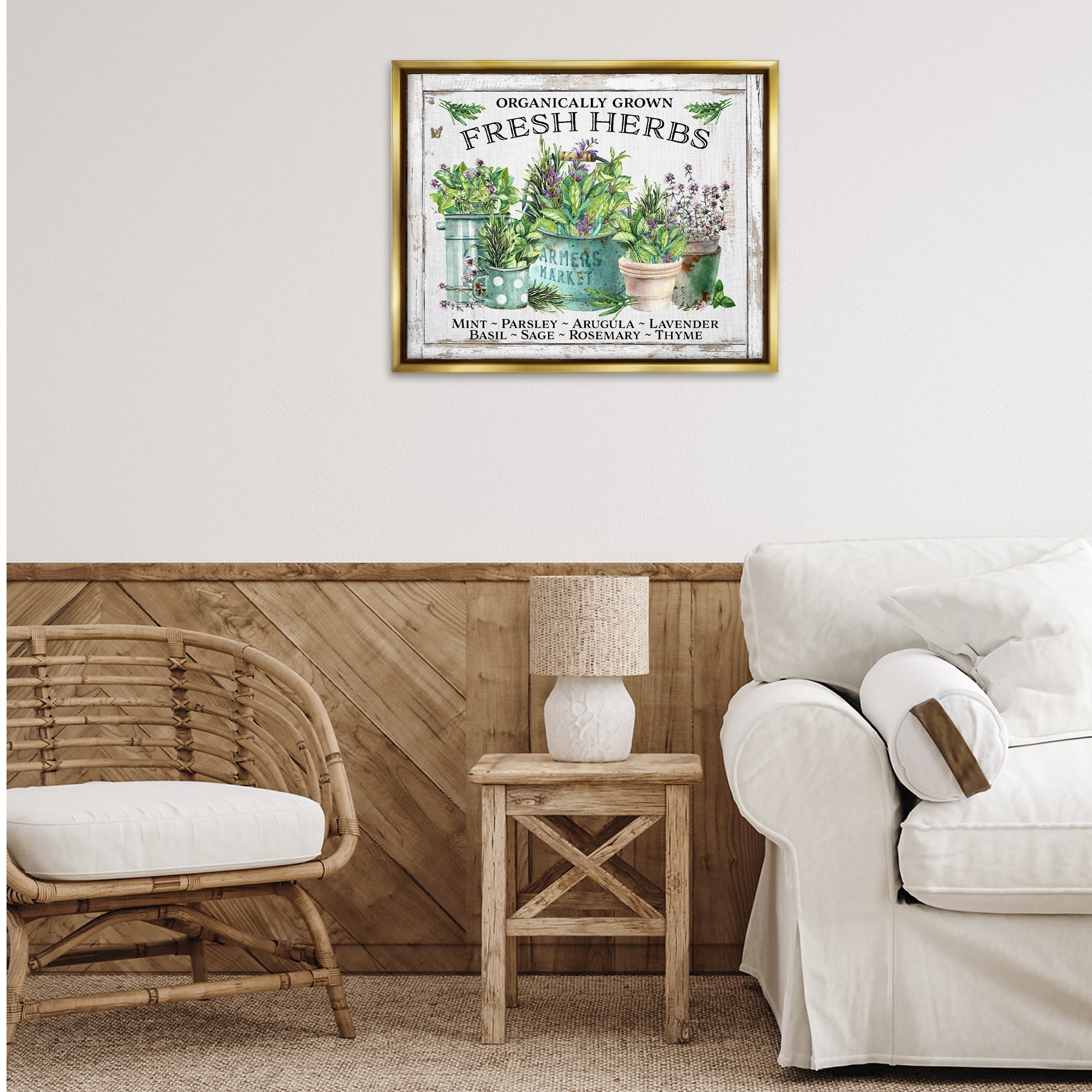 Stupell Industries Organic Fresh Herbs Plants & Flowers Painting Gold Floater Framed Canvas Art Print Wall Art, 31 x 25