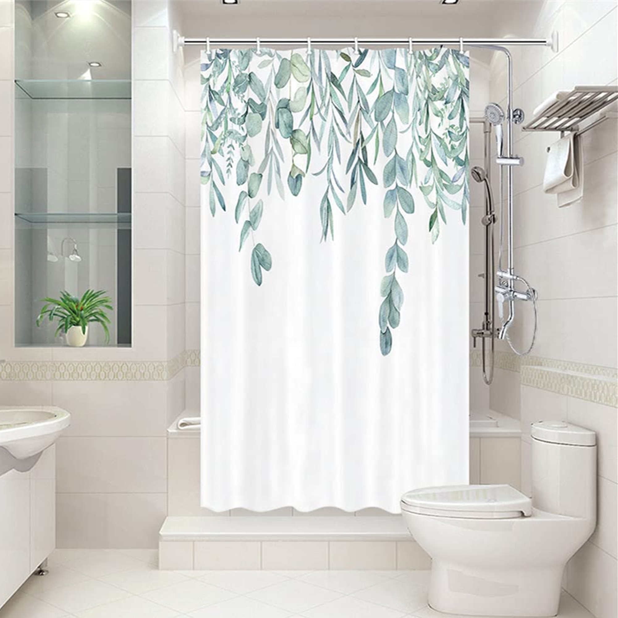 Watercolor Plant Stall Shower Curtain Eucalyptus Botanical Green Leaves