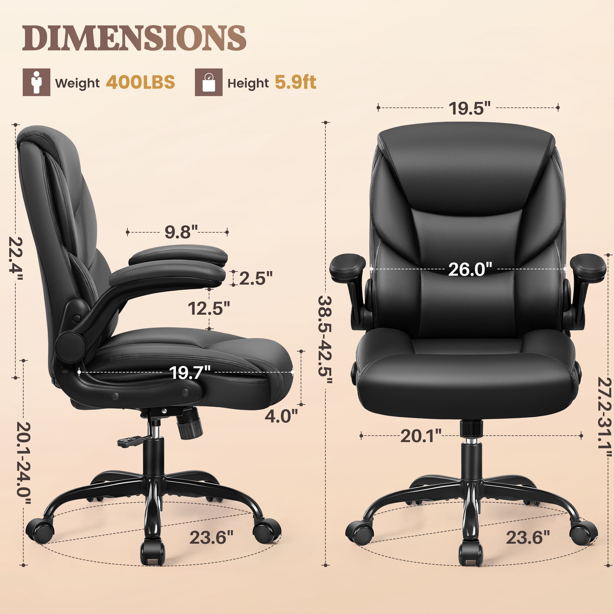 COOLHUT Leather Office Chair, Big and Tall Office Chair 400LBS Wide Seat Ergonomic Computer Desk Chair High Back Executive Leather Chair Adjustable Task Chair Lumbar Back with 8-Year Warranty, Black