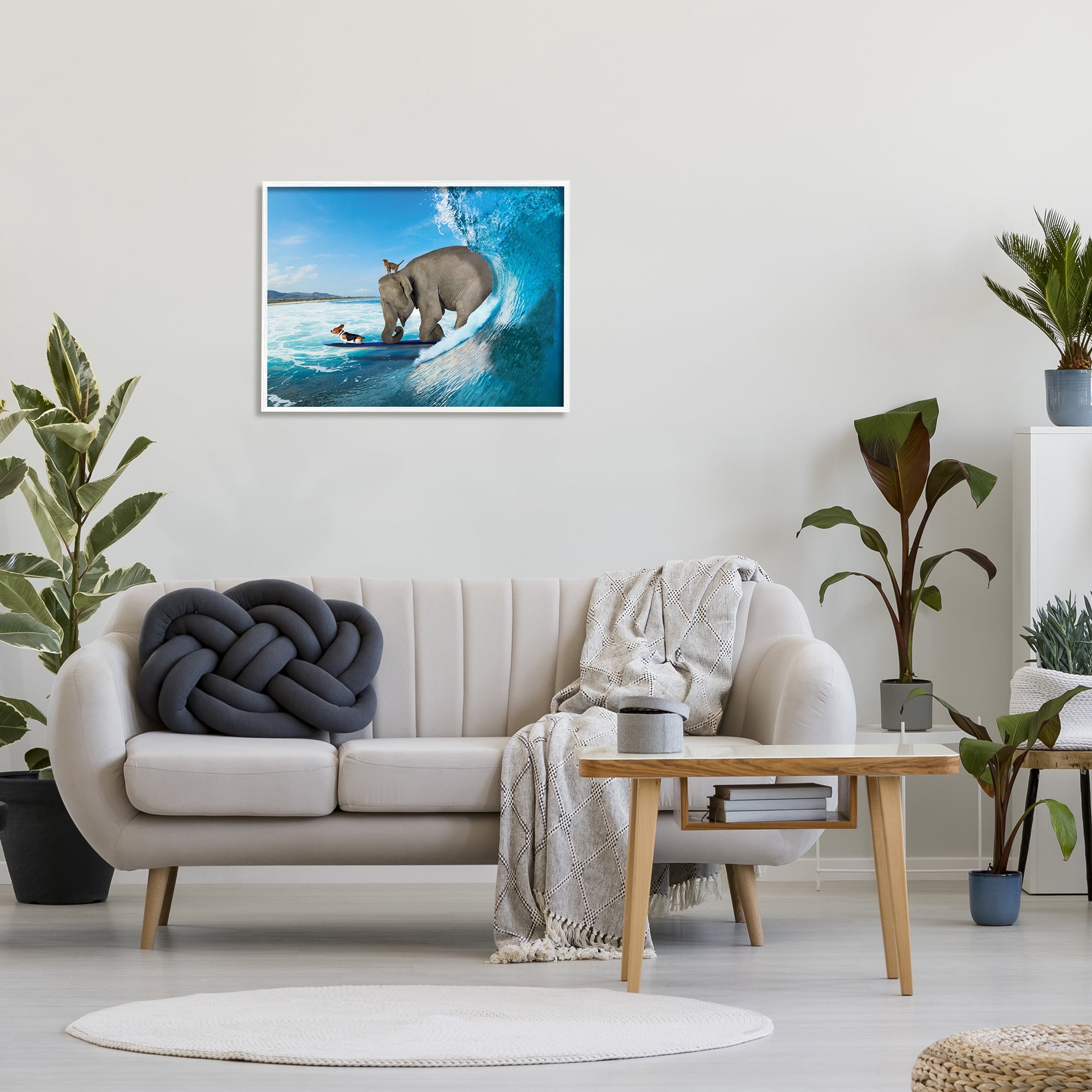 Stupell Industries Animals Riding Ocean Waves Surfing Elephant Cat Dog Graphic Art White Framed Art Print Wall Art, Design by Nobleworks