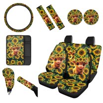 Renewold Highland Cow Sunflower 12 Pieces Car Seat Cover Full Set, with Steering Wheel Cover Seat Belt Strap Wrap Cover Armrest Pad Handbrake Cover Gear Shift Cover Car Coasters, Easy to Install