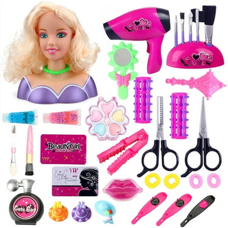 Worallymy Makeup Pretend Playset for Children Hairdressing Styling Head Doll Hairstyle Toy Gift with Hair Dryer for Kids Girls