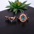 thumbnail image 2 of Oval Cut Teal Sapphire Ring Set Sapphire Halo Wedding Ring Set Diamond Proposal Ring Set Rose Gold Engagement Jewelry Curved Promise Band Anniversary Gift Ring Set, 2 of 5