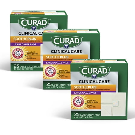 Curad SoothePlus Gauze Pad, Large Gauze Pads with ARM & HAMMER™ Baking Soda, 4" x 4" 25 Count ( 3 Pack)