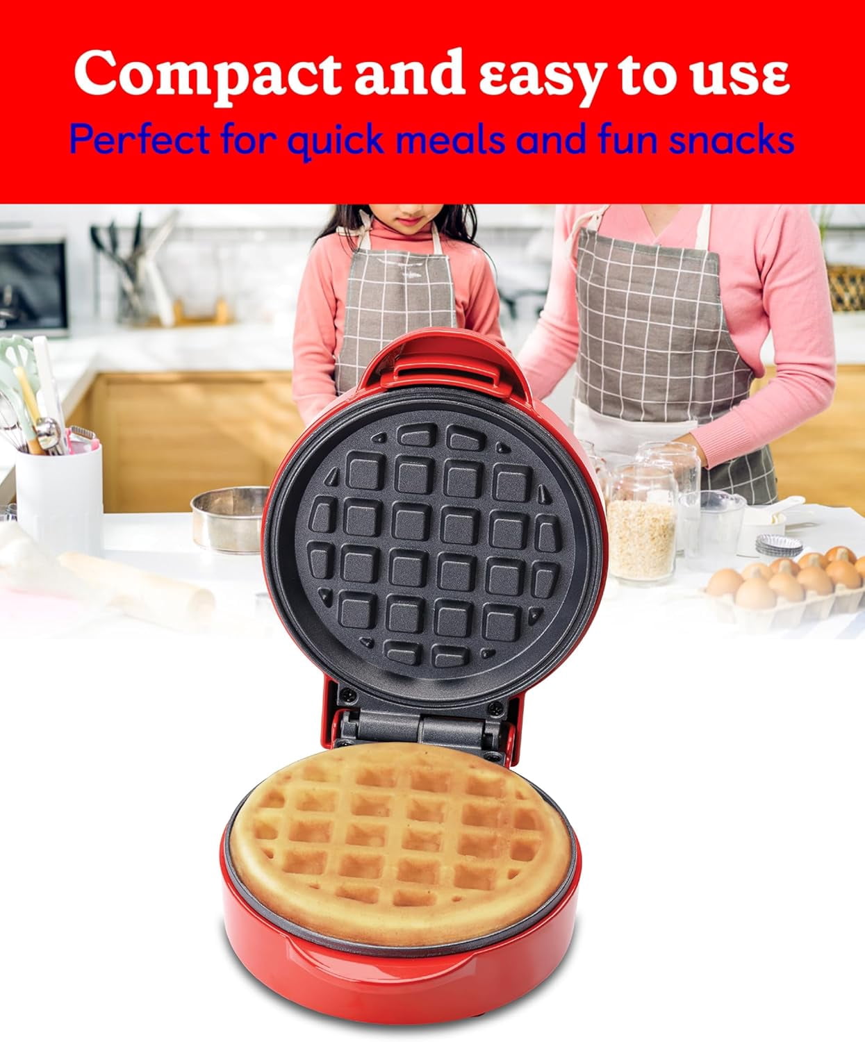 Betty Crocker Mini Waffle Maker, 550W Compact Kitchen Appliance, Quick & Even Heat for Home and Kitchen, Makes 4.5" Waffle, 4.9" Non-Stick Plates, Recipes Included, BC-4888R, Red