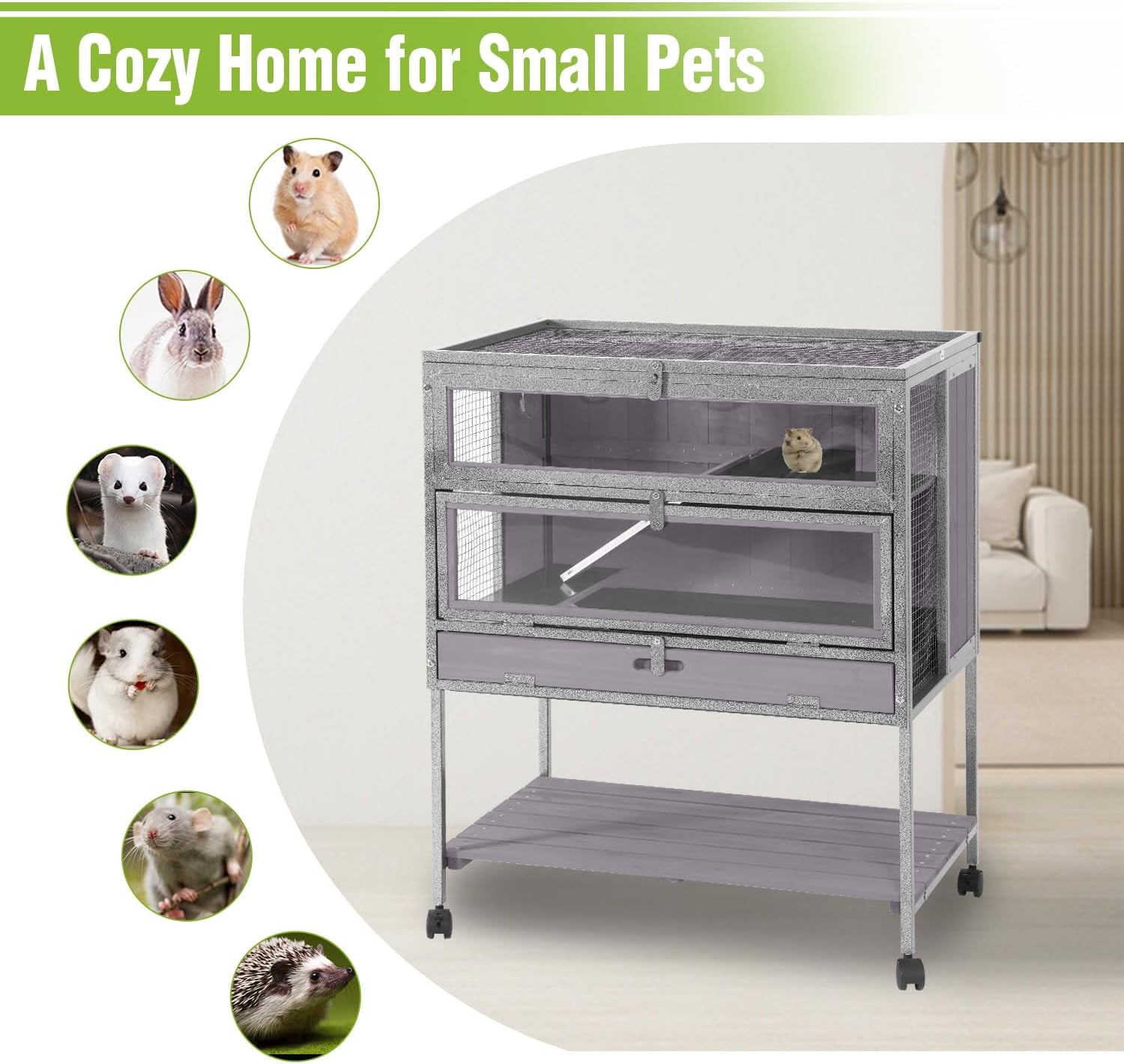 Aivituvin Hamster Cage Large Guinea Pig Cage with Metal Frame Movable Rat Habitat with Aluminium Alloy Edge,Plastic Deep Not Leakage Pull Out Tray,Storage Shelf
