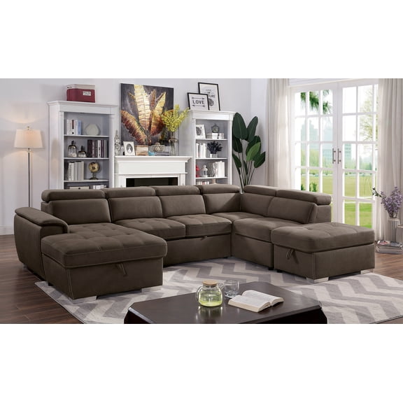 Living Room Contemporary Sectional Sofa Brown Nabuck Fabric Storage Chaise Pull Out Sleeper Sofa Couch Left Chaise w/Storage