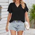 thumbnail image 3 of Camisetas de manga corta con cuello en V para mujer, camisetas informales plisadas de Color puro a la moda para mujer, camisetas de verano para viajes diarios, oficina, negro L, 3 of 6