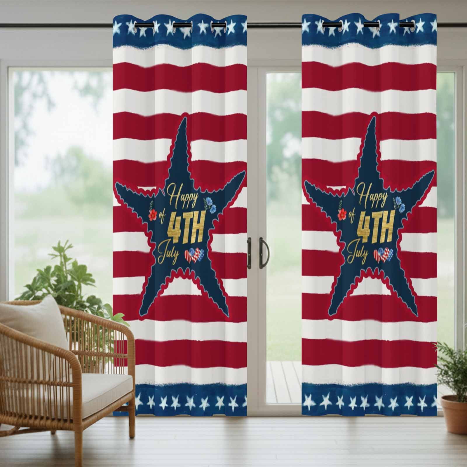 Gold Happy of 4th July Outdoor Curtains for Patio, Rustic Red Blue Star Stripes Sunshade Privacy Drapes Grommet Waterproof Outside Curtains for Porch/Cabana/Balcony 54"x 108", 1 Panel