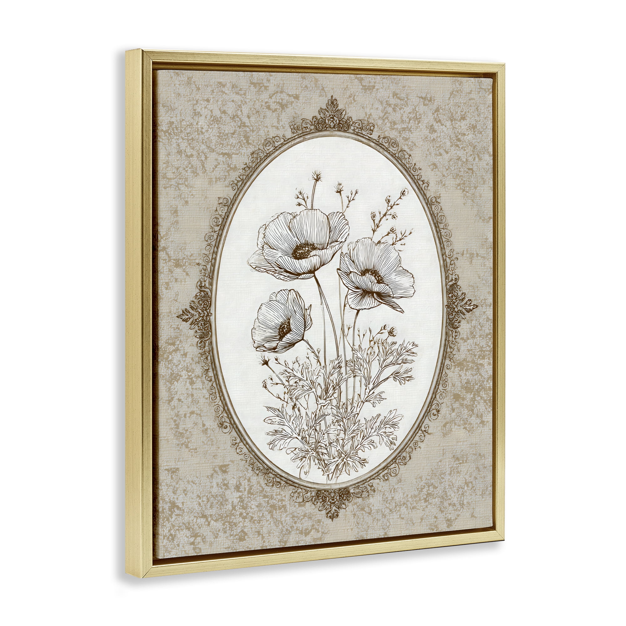 Stupell Industries Vintage Floral Sketch of Poppies Gold Framed Floater Canvas Wall Art, design by Ink Drop Loft
