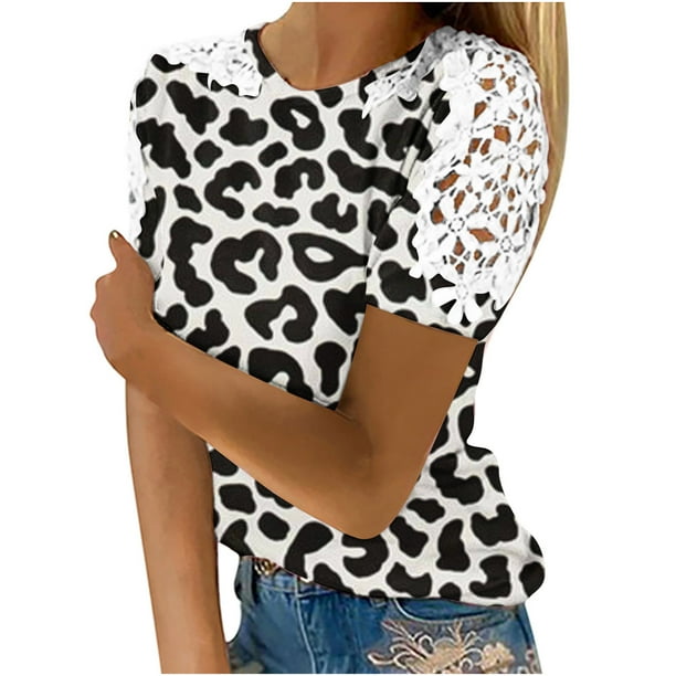 Mujeres Causal Mangas Cortas Cómodo Encaje Cuello Redondo Estampado Blusa Pullover Tops Camisa OAVQHLG3B Store lin121212