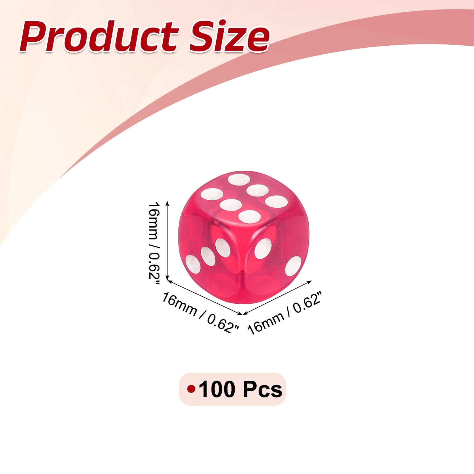 100Pcs Translucent Polyhedral Dice 16mm Square Dice W Rounded Edge, Rose Red