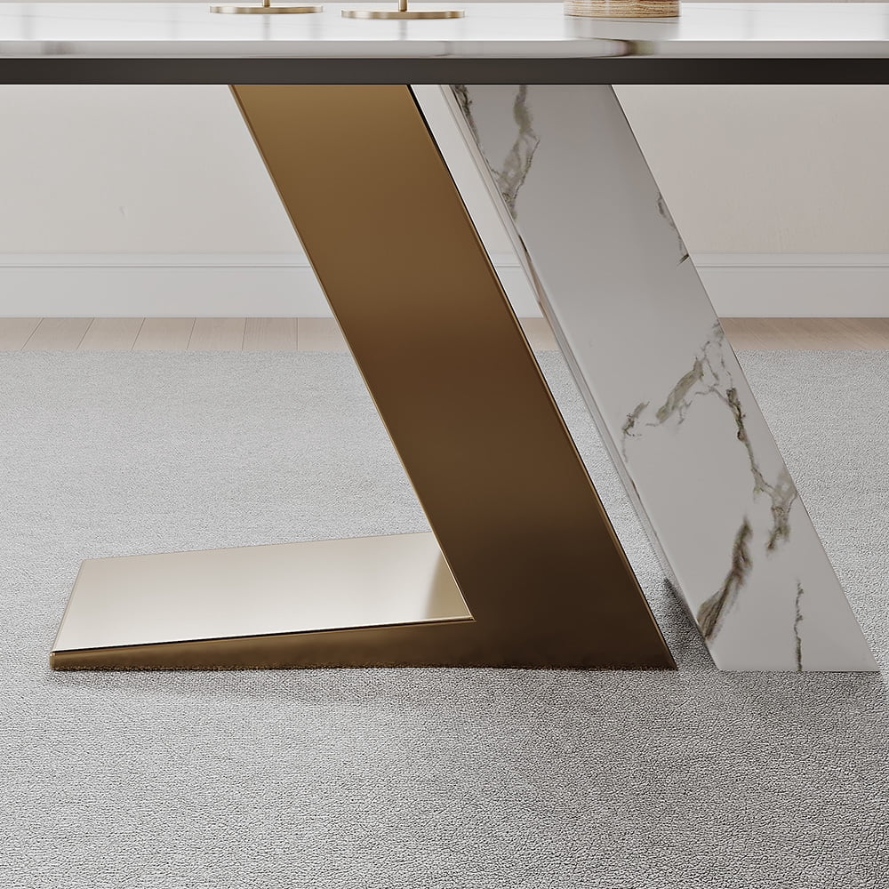 POVISON 71" Modern Luxury White Rectangular Dining Table with Glossy Sintered Stone Tabletop, White and Gold Z-shaped Stainless Steel Base