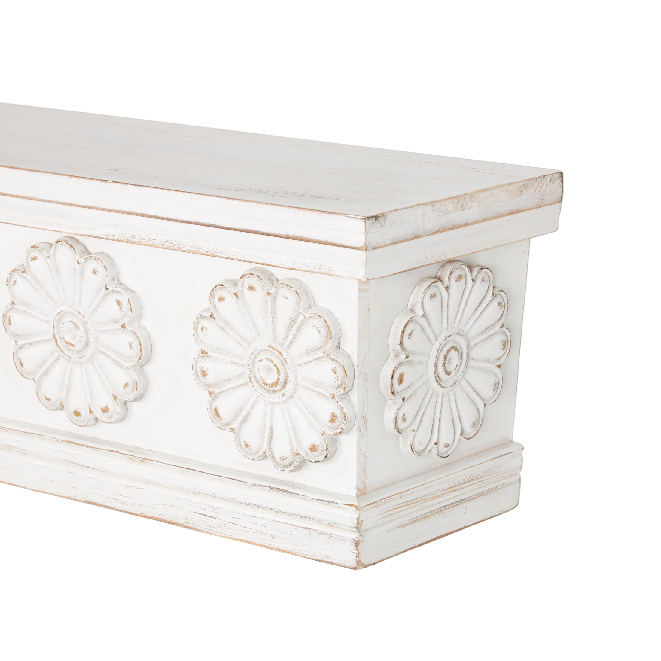 DecMode 60" x 8" 1-Tier White Floral Wall Shelf with Brown Distressing