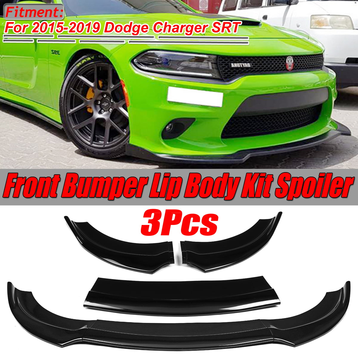 3Pcs STP-Style Gloss Black Front Bumper Lip Chin Splitter Spoiler Compatible with 11-14 Dodge Charger 