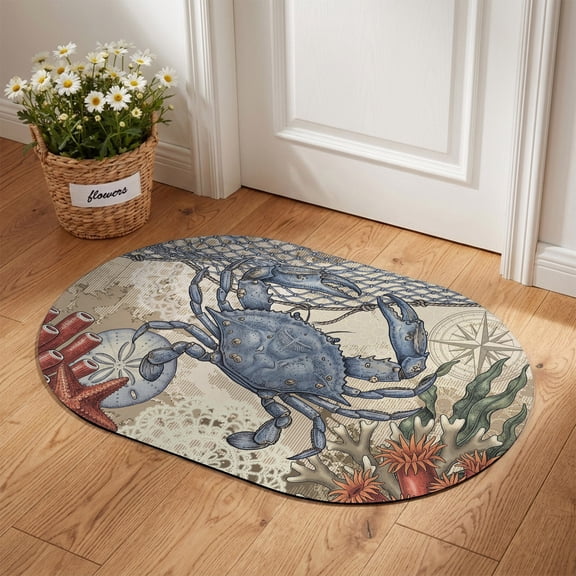 Coastal Blue Crab Diatomaceous Earth Bath Mat, Vintage Nautical Compass Coral Ocean Theme Oval Non-Slip Quick Dry Door Mat Super Absorbent Bath Rug for Bathroom Kitchen Laundry 18x30in