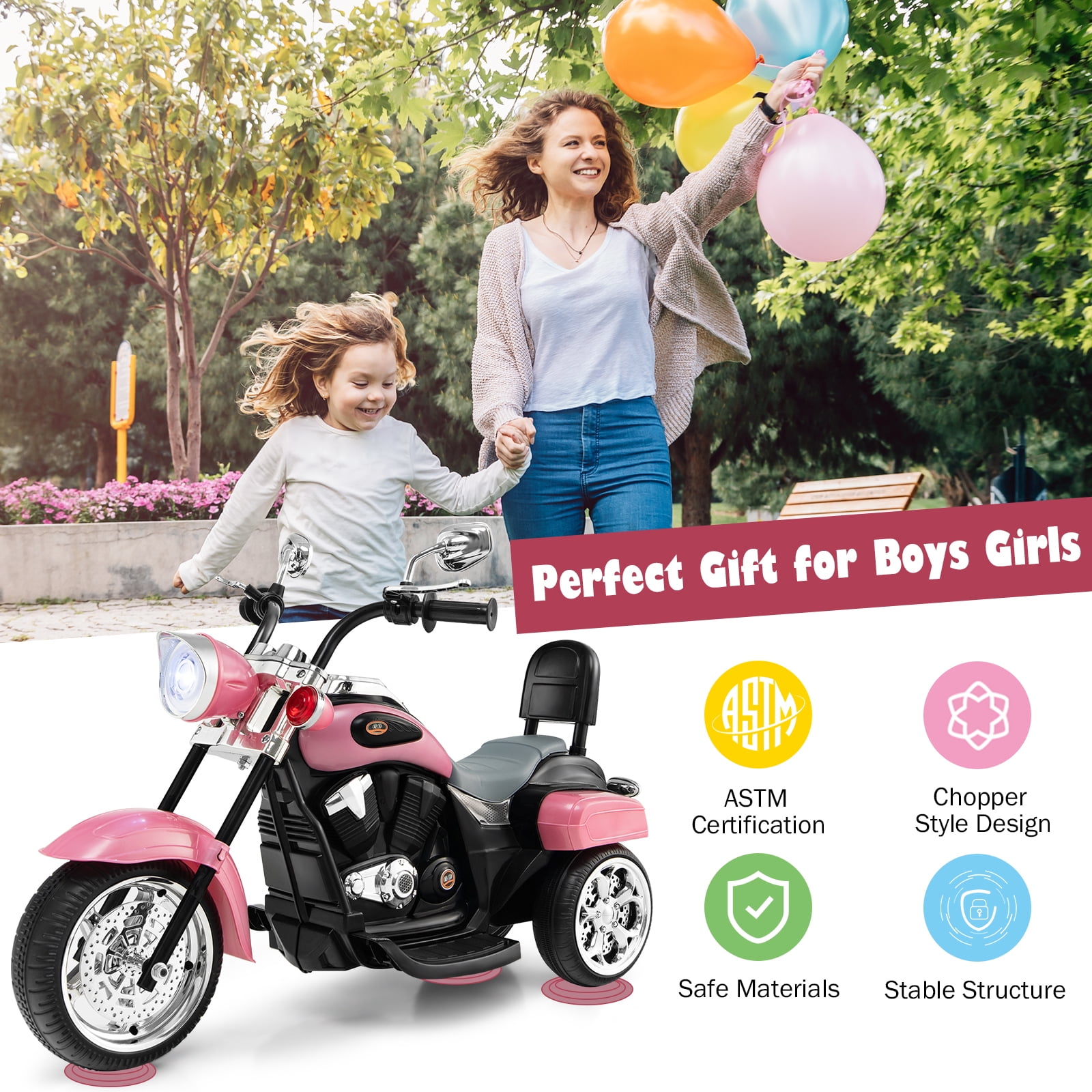 Infans 6V Kids Ride On Chopper Motorcycle 3 Wheel Trike with Headlight and Horn Pink
