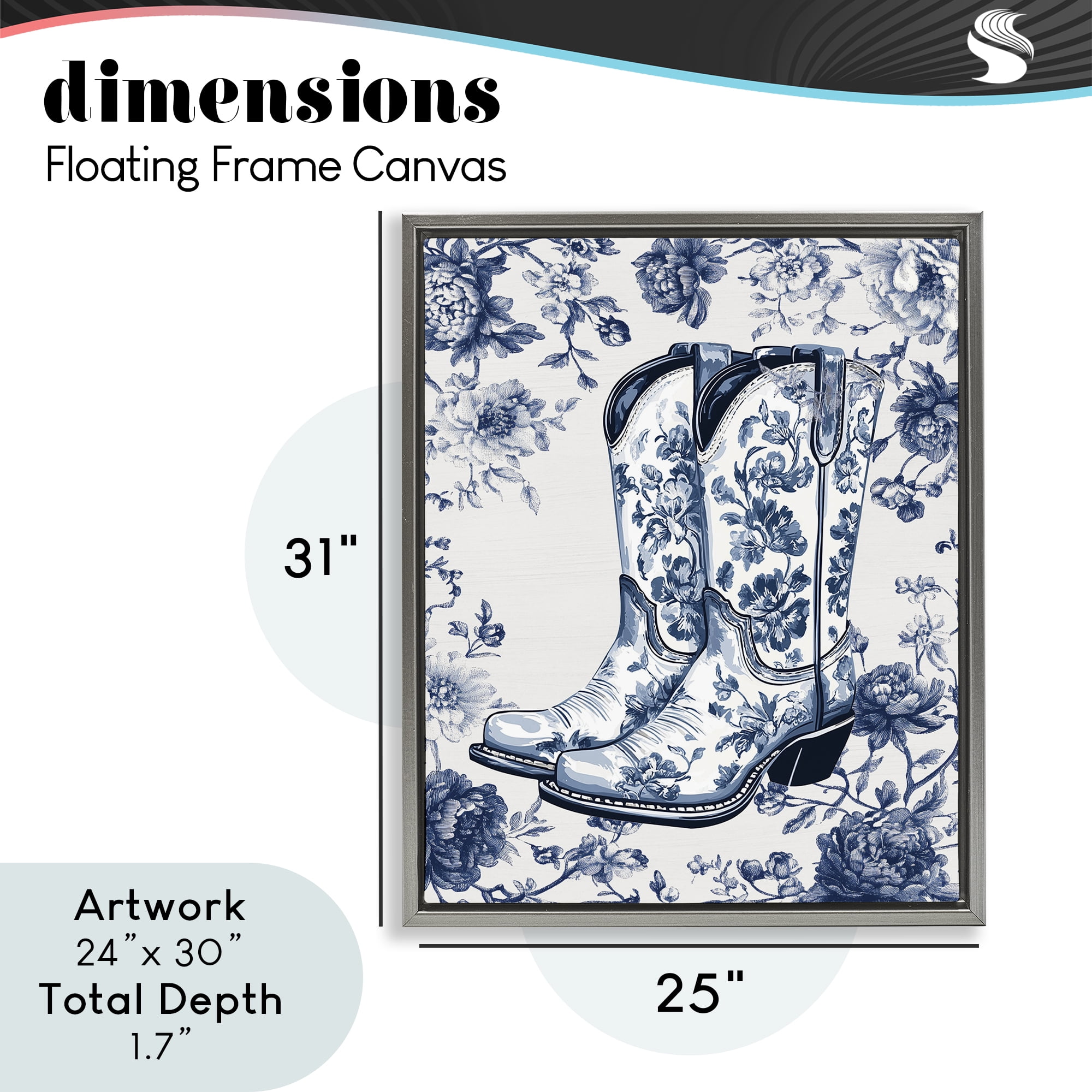Blue Spring Florals & Boots Gray Framed Floater Canvas Wall Art, design by Lettered and Lined