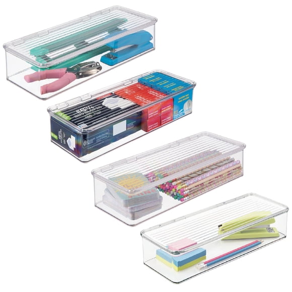 iDesign Plastic Stackable Hinged-Lid Pantry or Kitchen Storage Box - Set of 4 - Clear