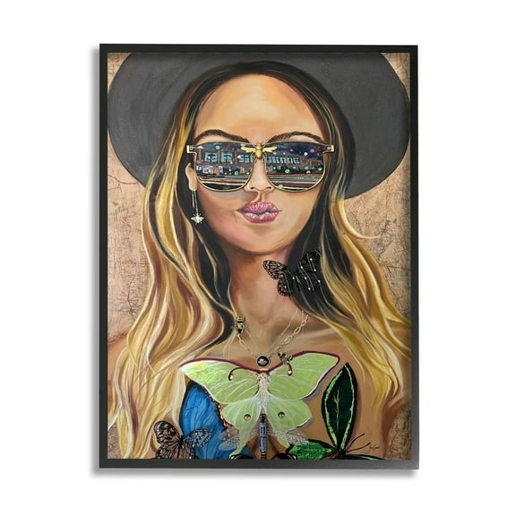 Stupell Industries Trendy Woman Luna Moth City Reflection Sunglasses Painting Black Framed Art Print Wall Art, Design by Stacy Gresell
