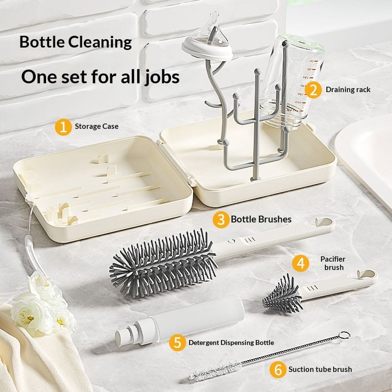 Baby Bottle Brush,6 in 1 Bottle Cleaner Set with Extendable Silicone Bottle Brush,Drying Rack,Nipple & Straw Brushes,Soap Dispenser & Organizer Case,Ideal Gifts for Babies& Moms