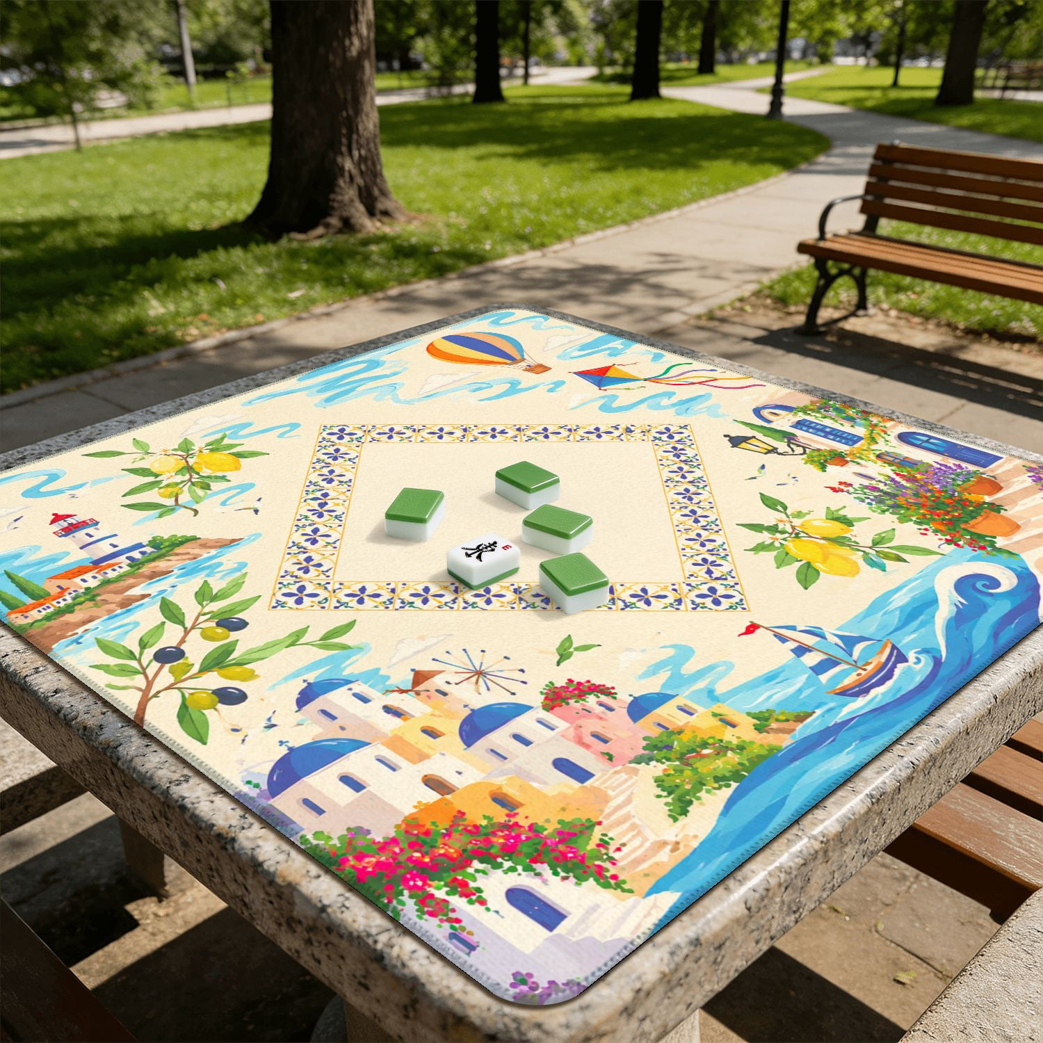 Mahjong Mat 31.5" x 31.5" Colorful Coastal Town Sunset Palm Trees Airplane Floral Accents Non-Slip Noise Reduction American Mahjong Tiles Table Cover for Dominoes Poker Card Board Games Gift