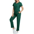 thumbnail image 2 of WULMLEO Womens Scrub Sets 2 Piece Short Sleeve Soft Comfortable Scrubs Outfits Petite V Neck Working Nursing Workwear Tops and Pants Stretch Trendy Medical Nurse Uniform Dark Green L, 2 of 5