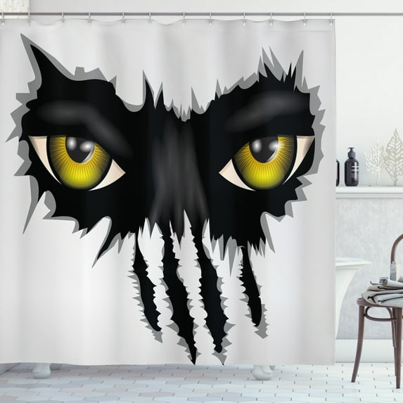 Ambesonne Eye Shower Curtain, Evil Eyes Black Cat Danger, 69"Wx75"L, Yellow Black Grey