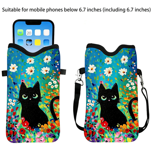 GASTROPOD Floral Black Cat Printed Shockproof Phone Crossbody Pouch,Adjustable Lanyard Casual Style Wallet Bag,Lightweight Sling Purse for Daily Commute Outdoor Walking,Polyester Print