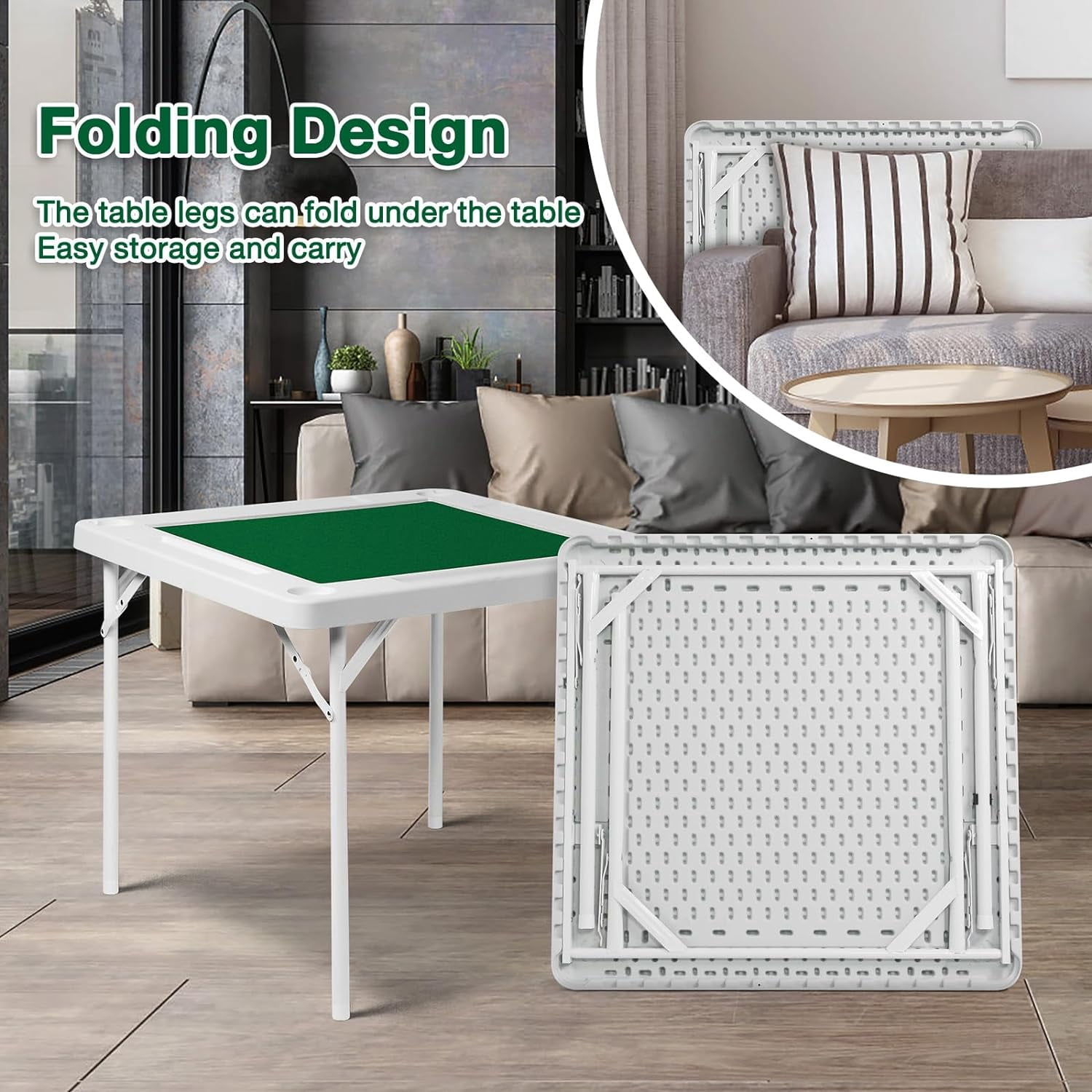 35.4'' Mahjong Table Folding Square, 4 Player Card Table Portable Poker Table with 4 Cup Holders & 4 Chip Grooves, Foldable Game Puzzle Table for Table Games, Domino Game, Board Game, Camping