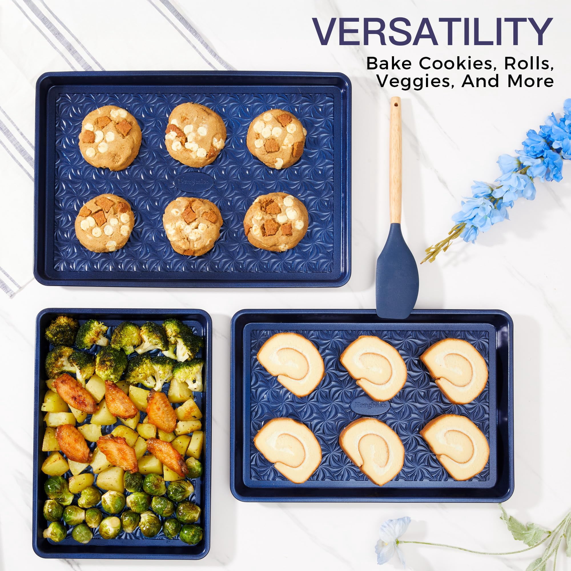 HONGBAKE Nonstick Baking Sheet Pan Set of 3, Cookie Sheets for Baking, Half Sheet, Quarter Sheet & Jelly Roll Pan Set, Heavy Duty Carbon Steel Bakeware, Blue