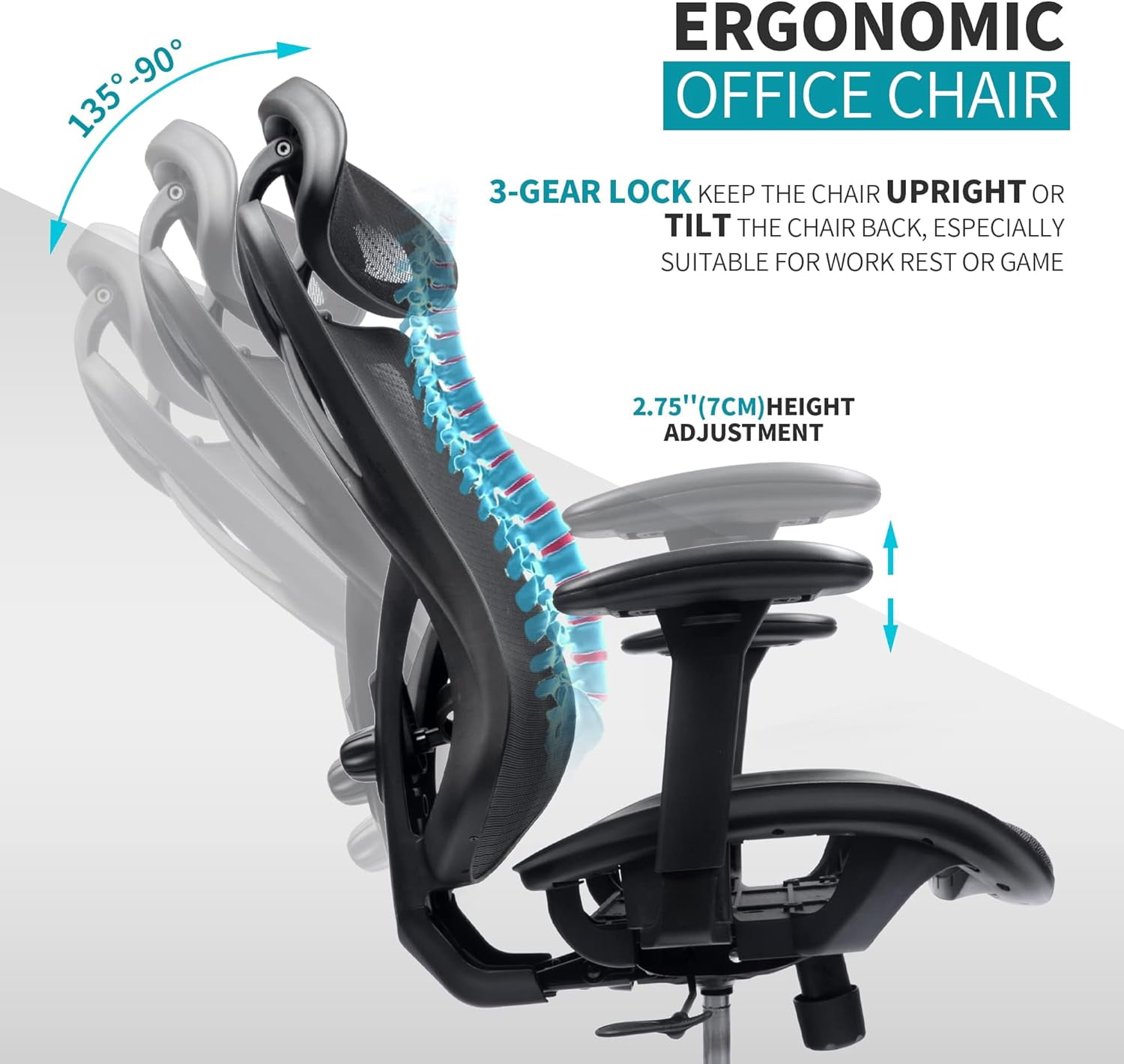 Mesh Office Chair, Ergonomic Office Chairs with Wheels, Adjustable Lumbar Support, Armrest, Headrest-Tilt High Back Desk Chair with Mute Wheel for Office, Home, Gaming