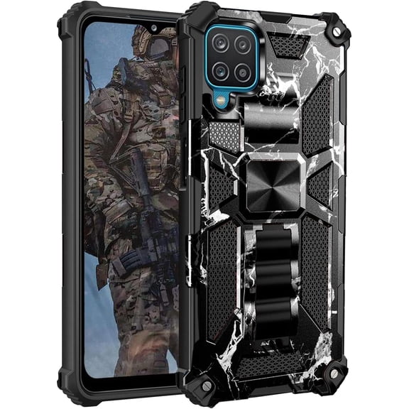 for Samsung Galaxy A22 4G (Not 5G) Camouflage Case, Heavy Duty Shockproof Protection Military Grade Built-in Magnetic Kickstand Boys Man Camo Cover for Samsung Galaxy A22 4G MC Marble Black