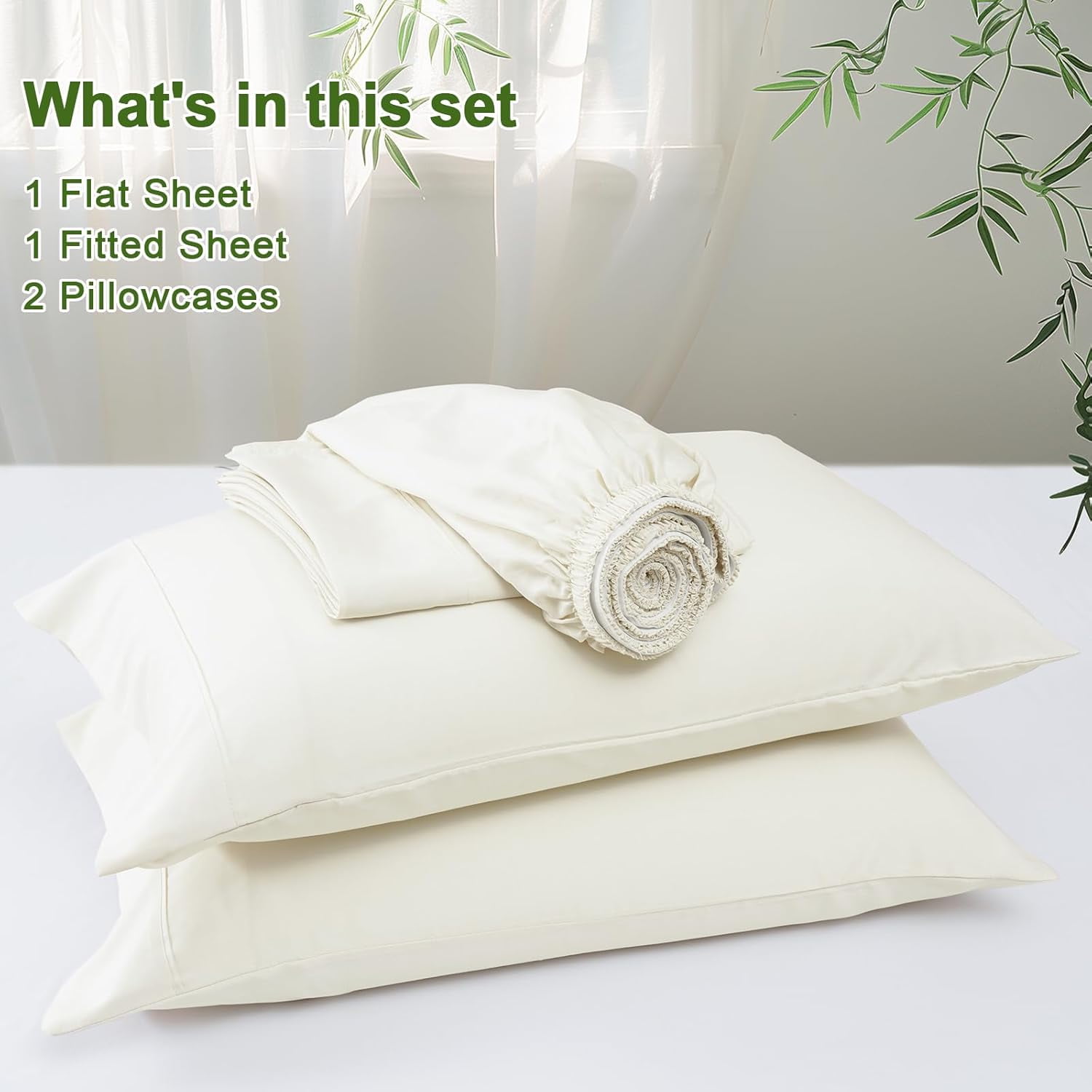 PHF Bamboo Bed Sheet Sets, 4 Pieces King Silky Soft Bedding Sheets, 1800 Thread Count 16 Inch Deep Pockets, Cream
