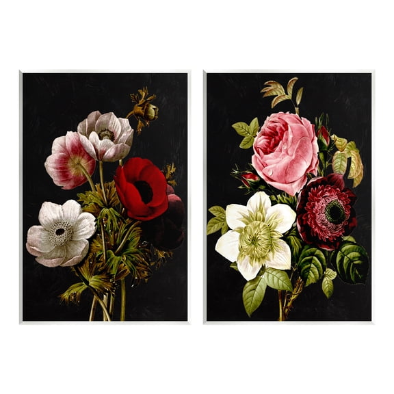 Stupell Industries Vintage Blooms on Black Botanical & Floral Painting Unframed Art Print Wall Art, 13 x 19, Set of 2