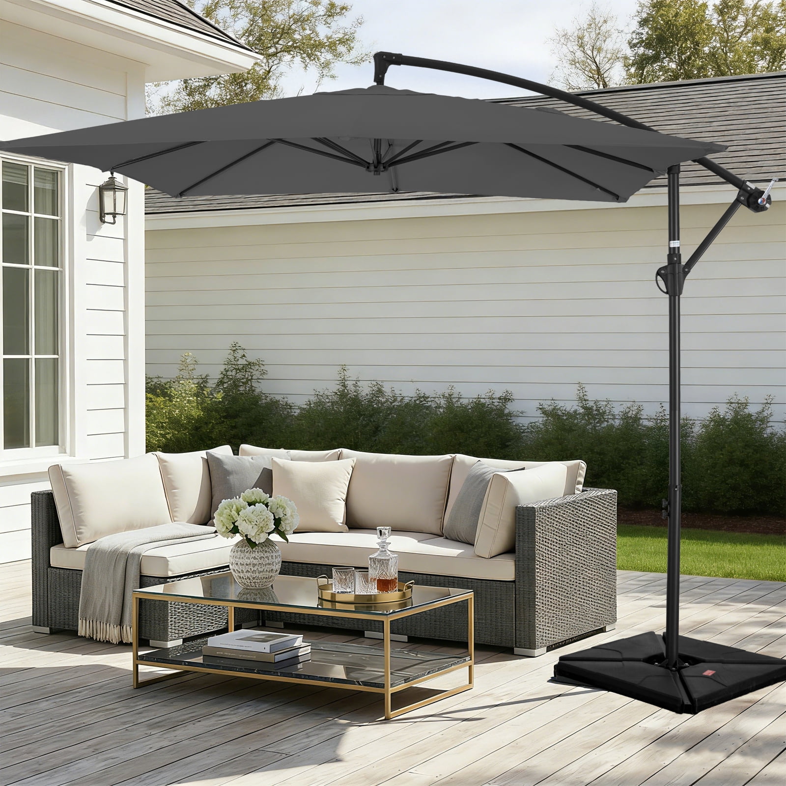 FUNDAZE 8x8ft Hanging Cantilever Patio Umbrella with Base, Square Outdoor Sun Shade with Crank & Tilt for Garden, Backyard, Deck,Gray