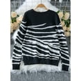 thumbnail image 5 of Women'S Casual Round Neck Long Sleeve Pullover Sweater Fall Winter Contrast Striped Shoulder Button Knit Black L, 5 of 6