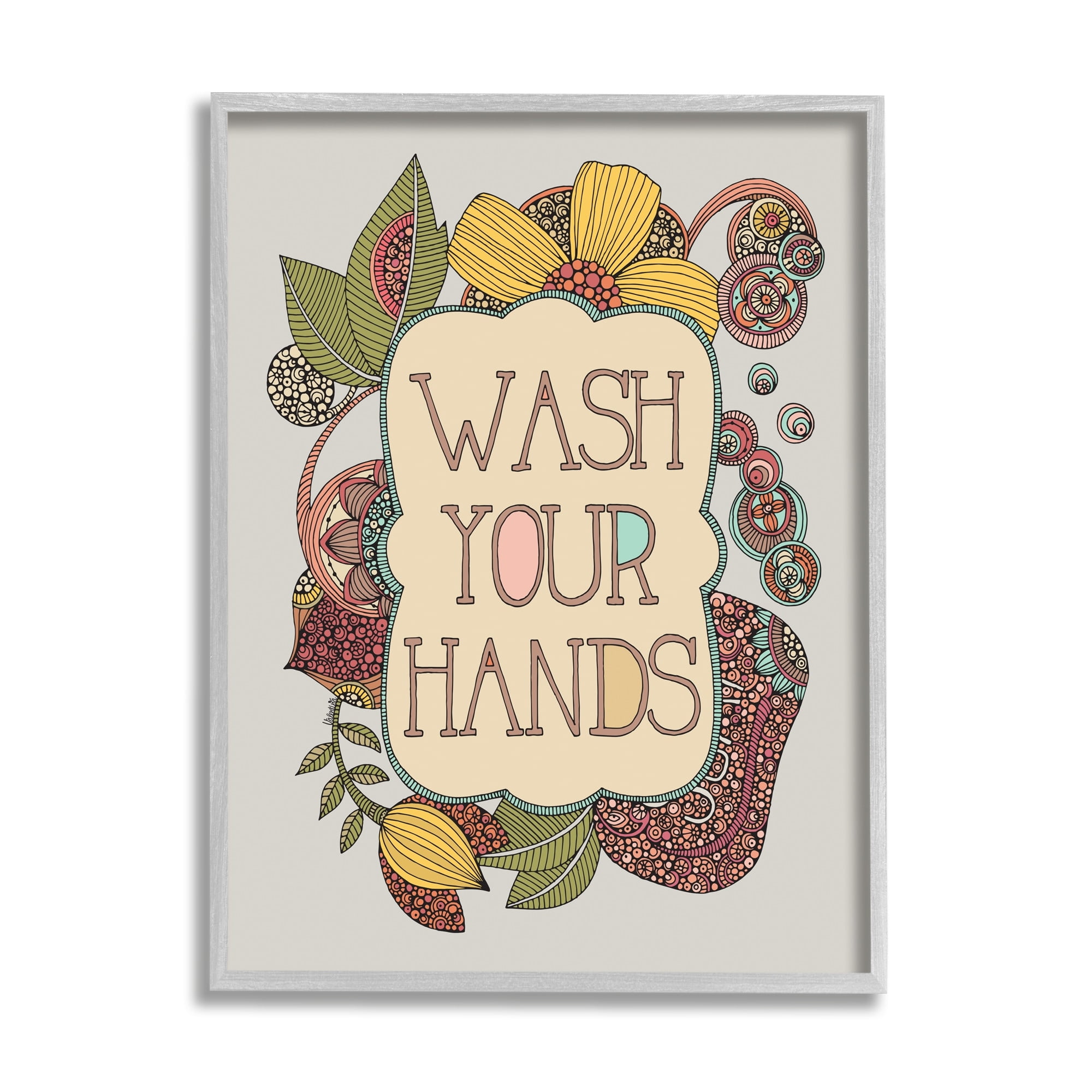 Stupell Industries Wash Your Hands Bathroom Sign Intricate Floral Details Graphic Art Gray Framed Art Print Wall Art, Design by Valentina Harper