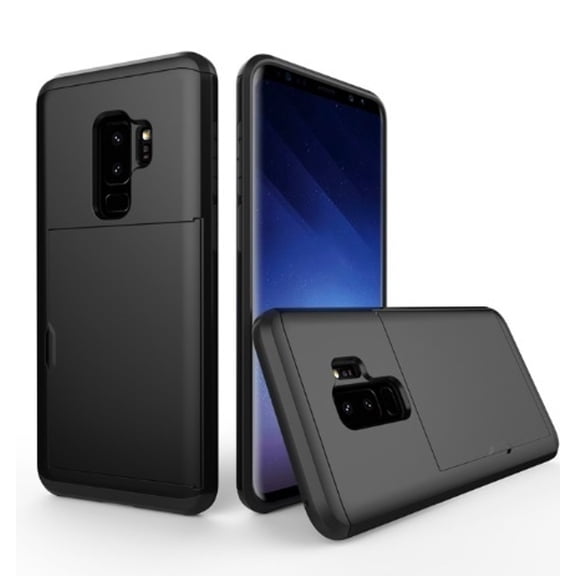 Card Slot Holder Wallet Samsung Galaxy S9 Plus Case (Black) Dual Layer Shockproof with Heavy Duty Protection