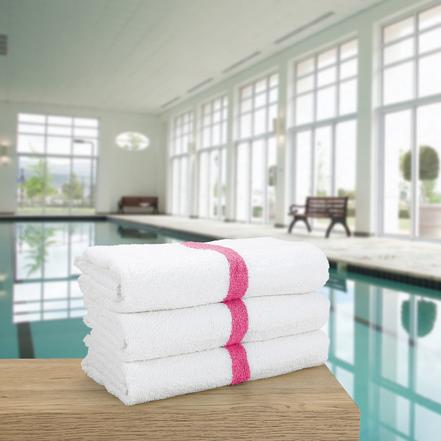 Arkwright Power Gym Bath Towels (6 Pack), 22x44 in., White with Pink Stripe, Soft Cotton