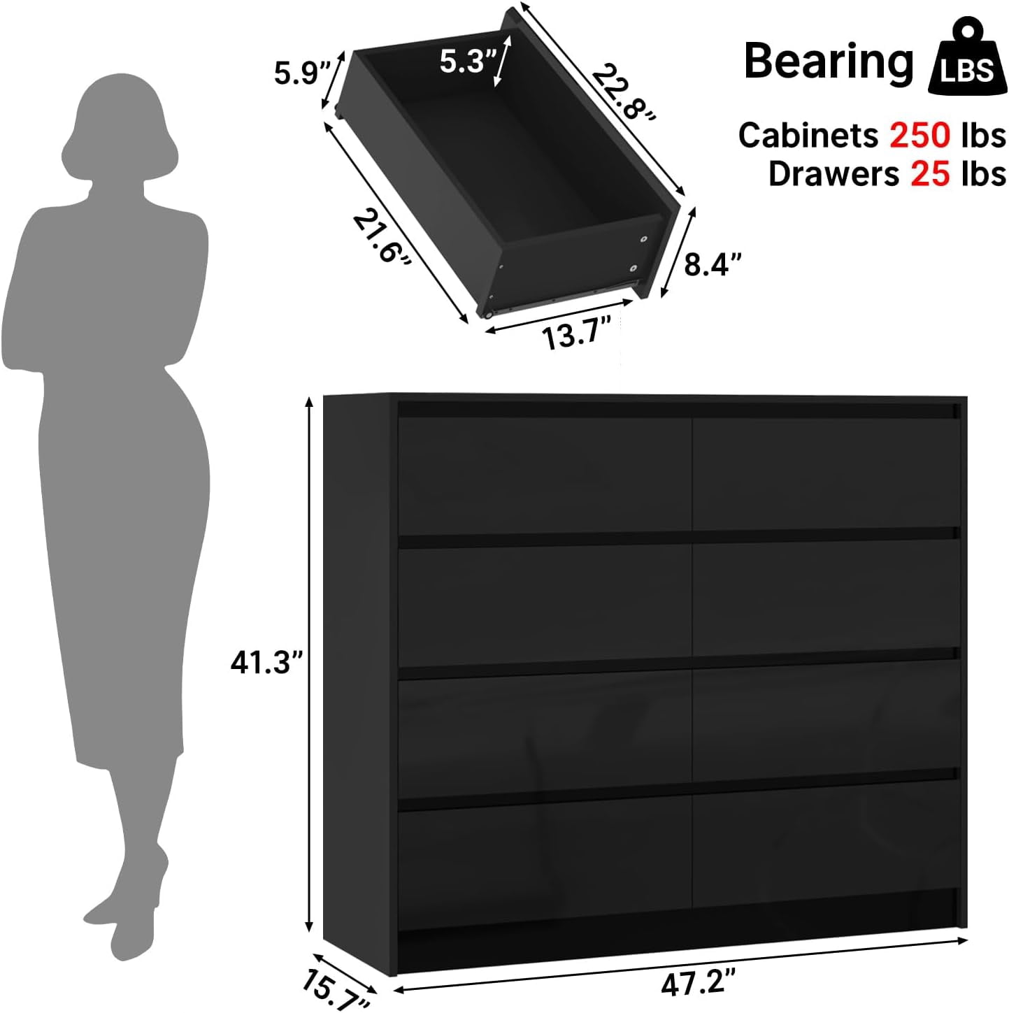 ChVans 8 Drawer Double Dresser for Bedroom, 47" Wide 41" Tall Modern High Gloss Black Dresser with Wood Chest of 8 Drawer Handle Free for Bedroom, Living Room, Entryway, Hallway