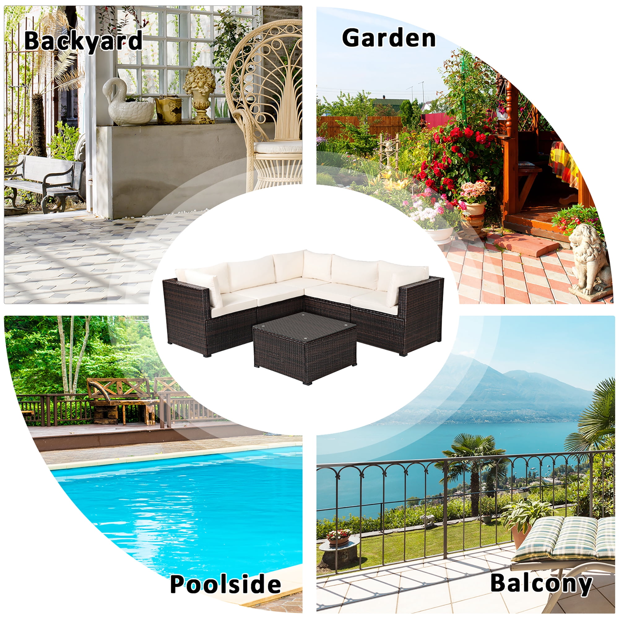 Costway  6PCS Patio Rattan Furniture Set Sectional Cushioned Sofa Deck Beige