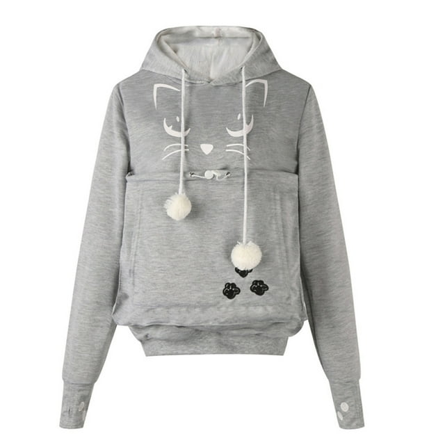 Pompotops Automne et Hiver Femmes Visage de Chat Imprimé Chandail à Capuche Manches Longues Chapeau de Chat Hauts à Cordon Chandails en Molleton